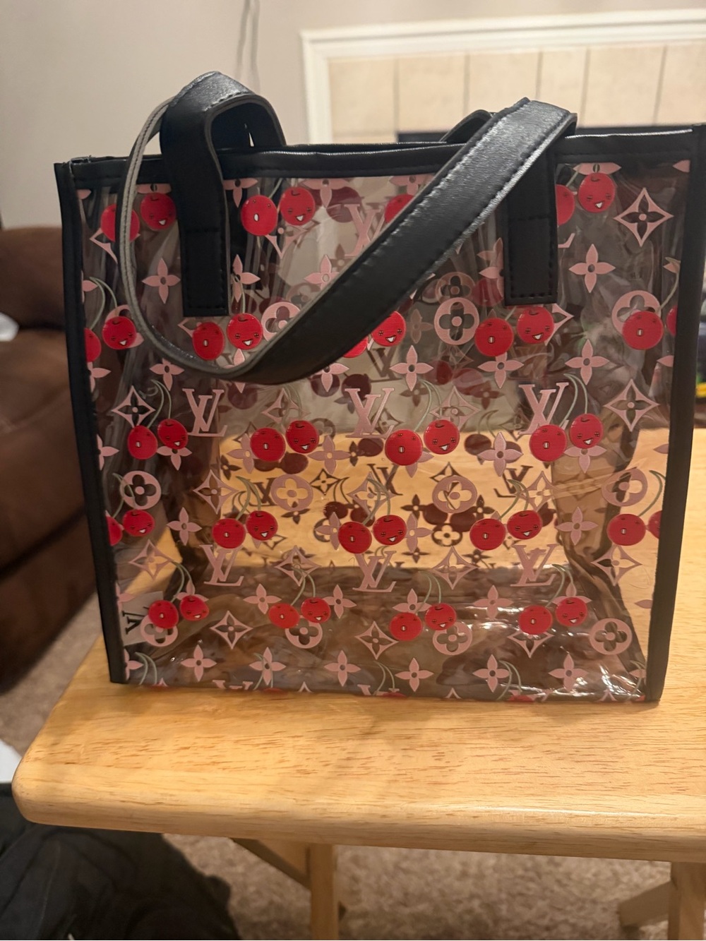 Small Clear Red Cherry jelly bag Accent Tote with Black Trim